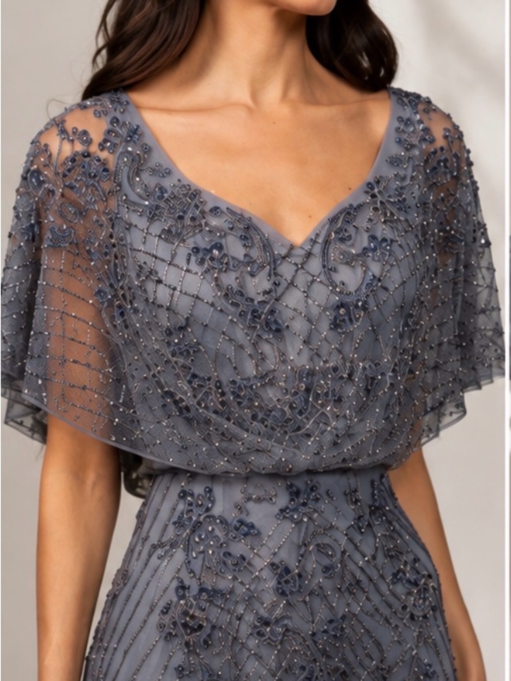 Theia Beaded Slate Blue V-Neck Evening Gown